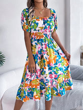 Load image into Gallery viewer, Spring Summer Casual Floral Square Collar Short Sleeve Waist Trimming Ruffles A line Dress Women Clothing