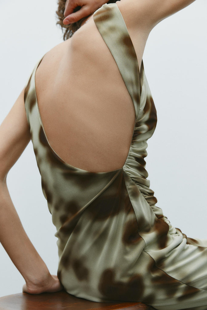 Women Pleated Silk Net Printing Midi Dress