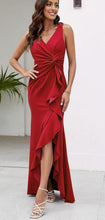 Load image into Gallery viewer, V neck Sleeveless Slim Fit Elegant Ruffled Split Long Evening Dress
