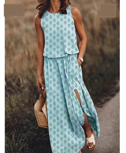 Spring Summer Women Clothing round Neck Sleeveless Dress Split Solid Color Casual Office Dress