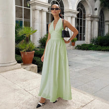 Load image into Gallery viewer, Pure Cottom Maxi Dress Spring Summer Tight Waist V neck Lace up Long Dress Large Swing Dress Women