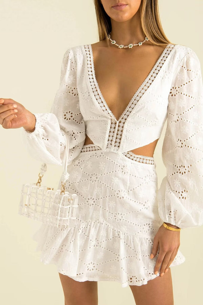 Women Clothing Casual V neck Lace Waist Opening Dress