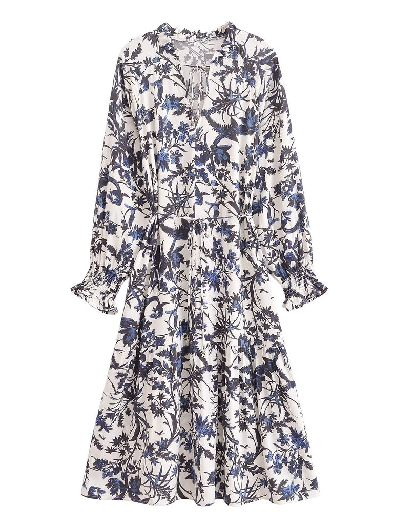 Bohemian Rayon Positioning Printed Casual Loose Waistband Long Sleeve Dress Summer Dress