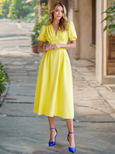 Load image into Gallery viewer, Summer Retro Solid Color V neck Lantern Sleeve Slim Fit Dress