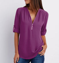 Load image into Gallery viewer, Women's Short-Sleeve Zip V-Neck Loose Top