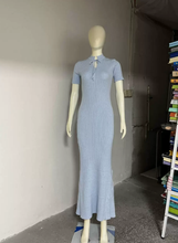 Load image into Gallery viewer, Summer Women Candy Color Slim Fit Dress Women Summer round Neck Short Sleeves Knitted Long Sweater Dress