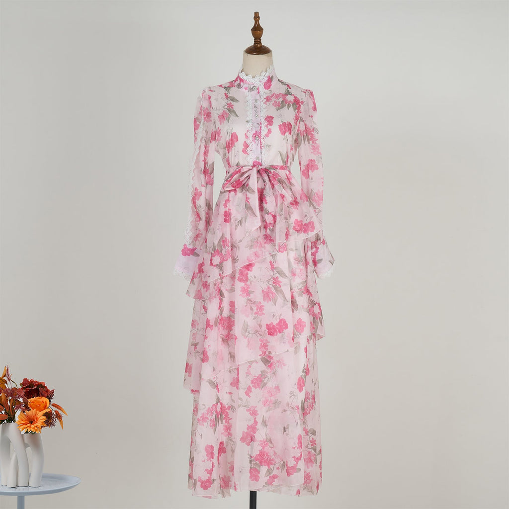 Women Spring And Autumn Long Sleeve Printed Buttons Of The Belt Dress