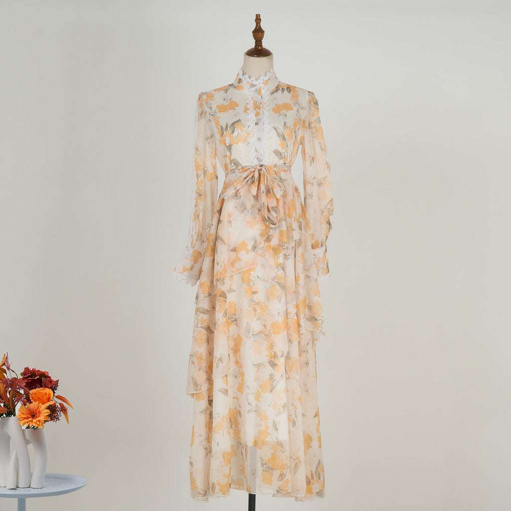 Women Spring And Autumn Long Sleeve Printed Buttons Of The Belt Dress