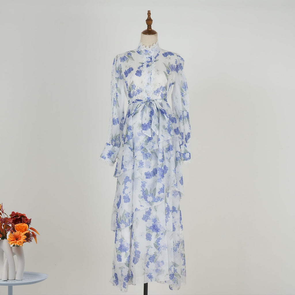 Women Spring And Autumn Long Sleeve Printed Buttons Of The Belt Dress