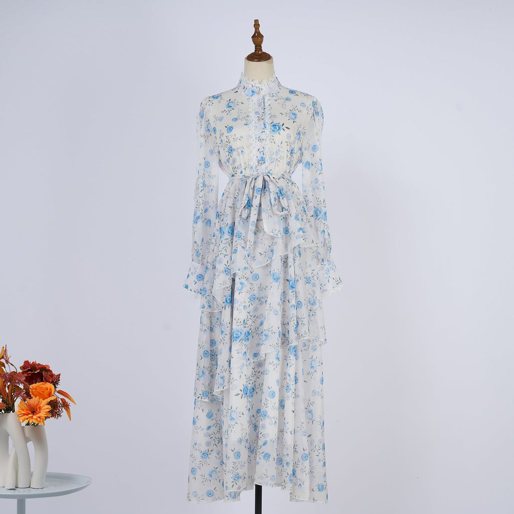 Women Spring And Autumn Long Sleeve Printed Buttons Of The Belt Dress
