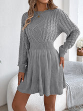 Load image into Gallery viewer, Fall Winter Solid Color Twist Fitted Waist Lantern Long Sleeve Sweater Dress A line Women Clothing