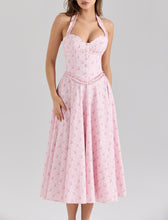 Load image into Gallery viewer, Romantic Sweet Pink Floral Sexy Slimming Beam Waist Backless Halter Dress