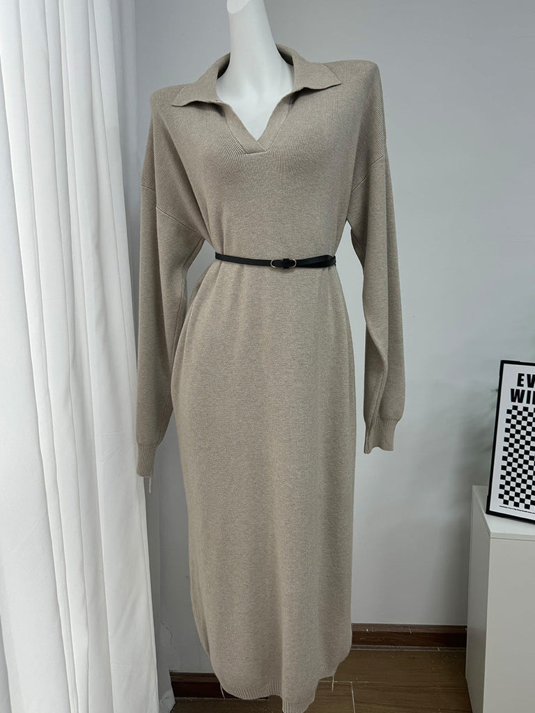 Fall Winter Scissors Collar Soft Woolen Long Elegant All Match Loose Maxi Dress