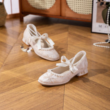 Load image into Gallery viewer, Women's Jacquard Mary Jane Low Heel Shoes | Pearl Ribbon Bow Square Toe Wedding Flats