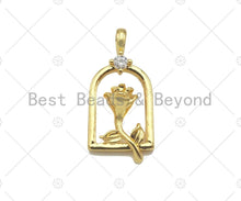 Load image into Gallery viewer, CZ Micro Pave Rose Flower On Birdcage Frame Shape Pendant/Charm, 18K Gold Charm, Necklace Bracelet Charm Pendant,11x23mm, Sku#LK259