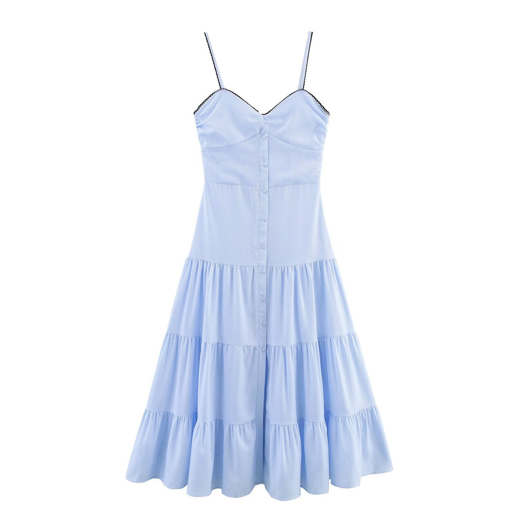 Women Summer Sexy Slim Fit Backless Striped Sling Midi Dress