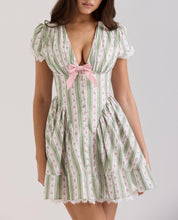 Load image into Gallery viewer, Sweet Romantic Floral Bowknot Decoration Striped Lace V neck Mini Dress Short Dress Women