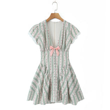 Load image into Gallery viewer, Sweet Romantic Floral Bowknot Decoration Striped Lace V neck Mini Dress Short Dress Women