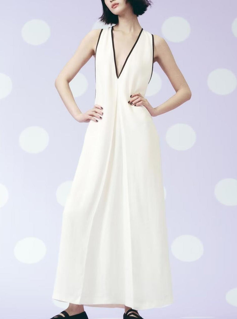 Women Clothing Summer Simple V neck Trim Linen Blend Dress