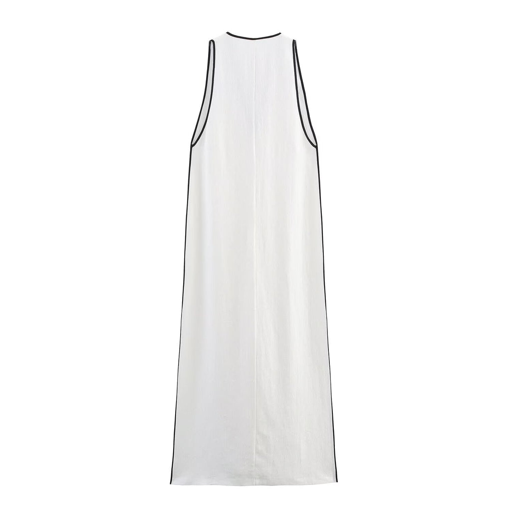 Women Clothing Summer Simple V neck Trim Linen Blend Dress