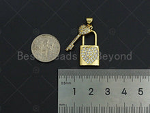 Load image into Gallery viewer, 18K Gold CZ Micro Pave Lock with Key Pendant, Lock Pave Pendant, Gold Padlock, 12x26mm, Sku#LK18