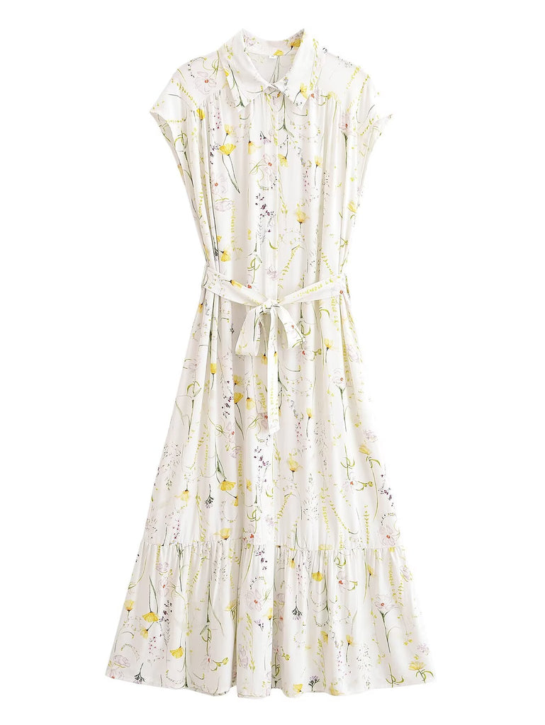 Printed Bohemian Beach Belt Dress Summer Waist Controlled Slimming Midi Dress
