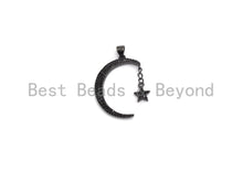 Load image into Gallery viewer, CZ Micro Pave Crescent Moon and Star Pendant ,Gold/Silver/Black/Rose Gold ,Cubic Zirconia Jewelry Findings,19x29mm,sku#F645