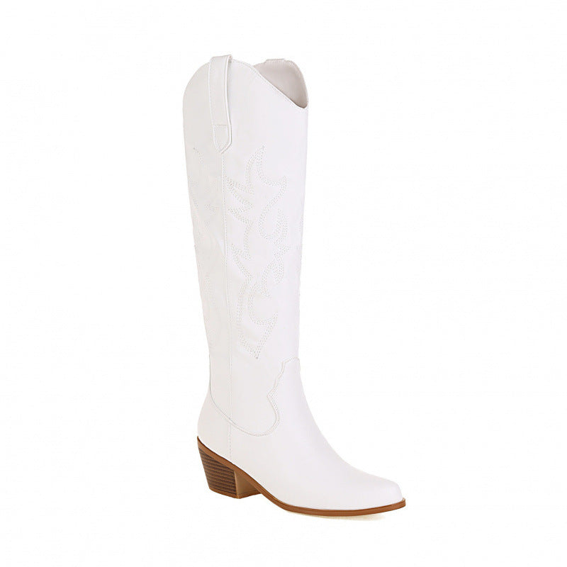 Women's Western Cowboy Embroidered High-Heel Boots – Chunky Heel Slip-On