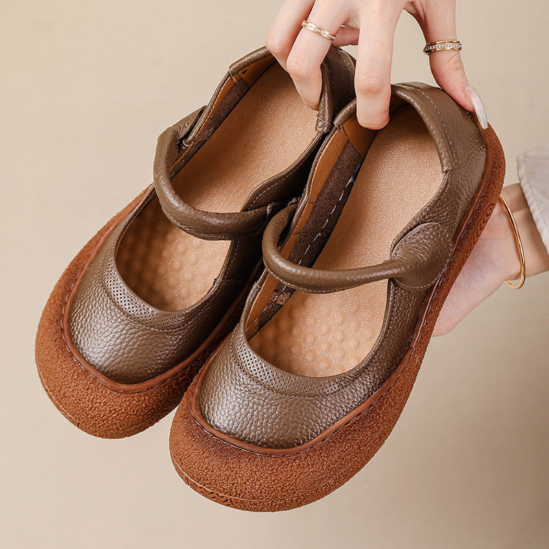 Women's Retro Flat Round-Toe Velcro Shoes – Genuine Leather | Black, Brown, Khaki