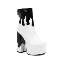 Load image into Gallery viewer, Women's Patent Leather Colorblock Ankle Boots | Chunky Heel Zipper Boots