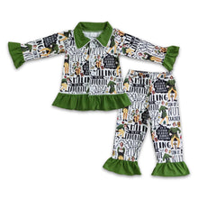 Load image into Gallery viewer, Green ruffle long sleeve naughty and nice girls Christmas pjs