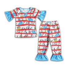Load image into Gallery viewer, Blue cat ruffle short sleeve baby girls pajamas
