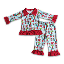 Load image into Gallery viewer, Blue green face print long sleeve Chrismtas pajamas