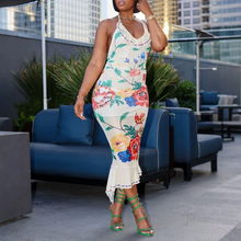 Load image into Gallery viewer, Sexy Backless Lace Printing Dress Sheath Sexy Maxi Dress Irregular Asymmetric Lotus Floral Swing