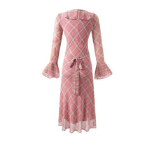Load image into Gallery viewer, Ruffled Collar Lace up Retro Plaid Slim Fit Long Sleeve Dress