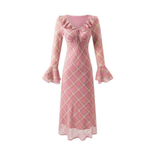 Load image into Gallery viewer, Ruffled Collar Lace up Retro Plaid Slim Fit Long Sleeve Dress