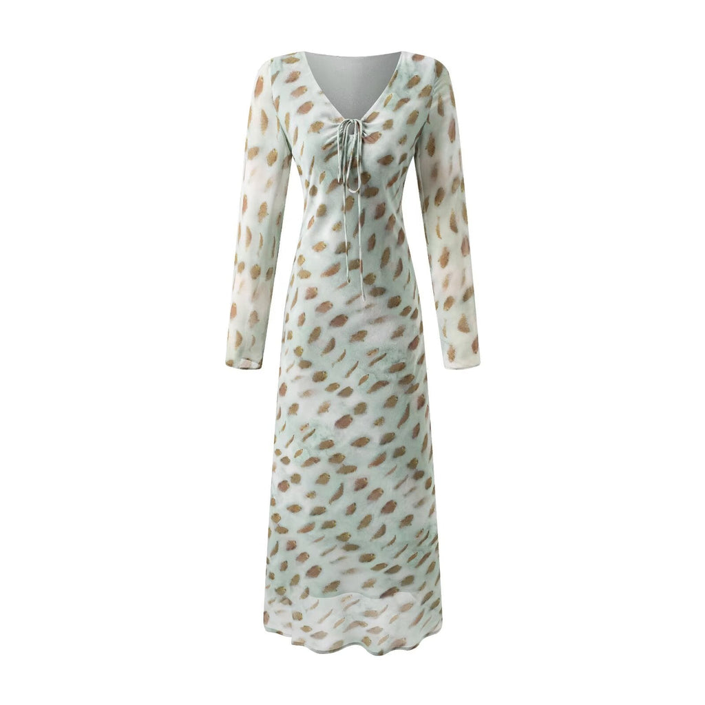 Sexy Vneck Bow Lace Printing Long Sleeve Dress Autumn Waist Slim Fit Maxi Dress