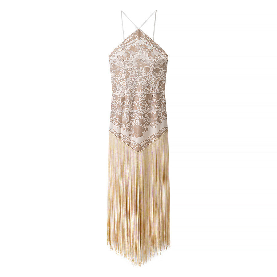 Fall Women Clothing Simple Halter Glossy Tassel Dress