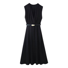 Load image into Gallery viewer, Summer Women Casual Slimming Solid Color V neck with Belt Stitching Midi Dress