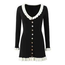Load image into Gallery viewer, French Retro Debutante Lotus Collar Long Sleeve Dress Women Design Stitching Contrast Color Slim Fit Knitted