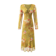 Load image into Gallery viewer, Floral Mid Length Dress Printed Yellow Summer Women Clothing Picture Color Stitching Midi Dress