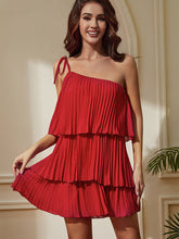 Load image into Gallery viewer, Summer Women Clothing Oblique Shoulder Layered Stitching Hem Solid Color Dress Women
