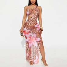 Load image into Gallery viewer, Women Clothing Diagonal Collar Hollow Out Cutout out See through Mesh Floral Print Dress