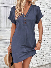 Load image into Gallery viewer, Summer Women Clothing All Match Buckle V neck Shoulder Roll Sleeve Solid Color Dress