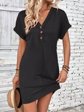 Load image into Gallery viewer, Summer Women Clothing All Match Buckle V neck Shoulder Roll Sleeve Solid Color Dress