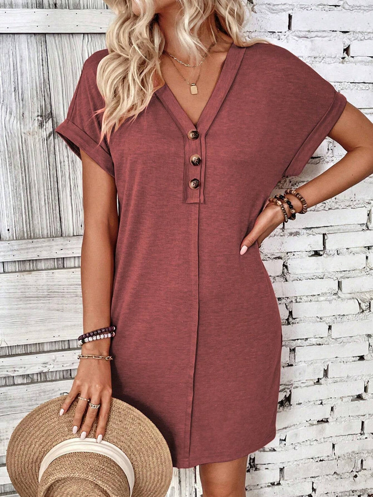Summer Women Clothing All Match Buckle V neck Shoulder Roll Sleeve Solid Color Dress