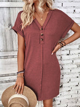 Load image into Gallery viewer, Summer Women Clothing All Match Buckle V neck Shoulder Roll Sleeve Solid Color Dress