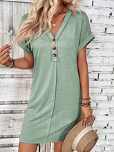 Load image into Gallery viewer, Summer Women Clothing All Match Buckle V neck Shoulder Roll Sleeve Solid Color Dress