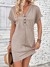 Load image into Gallery viewer, Summer Women Clothing All Match Buckle V neck Shoulder Roll Sleeve Solid Color Dress