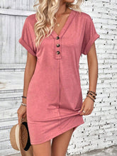 Load image into Gallery viewer, Summer Women Clothing All Match Buckle V neck Shoulder Roll Sleeve Solid Color Dress